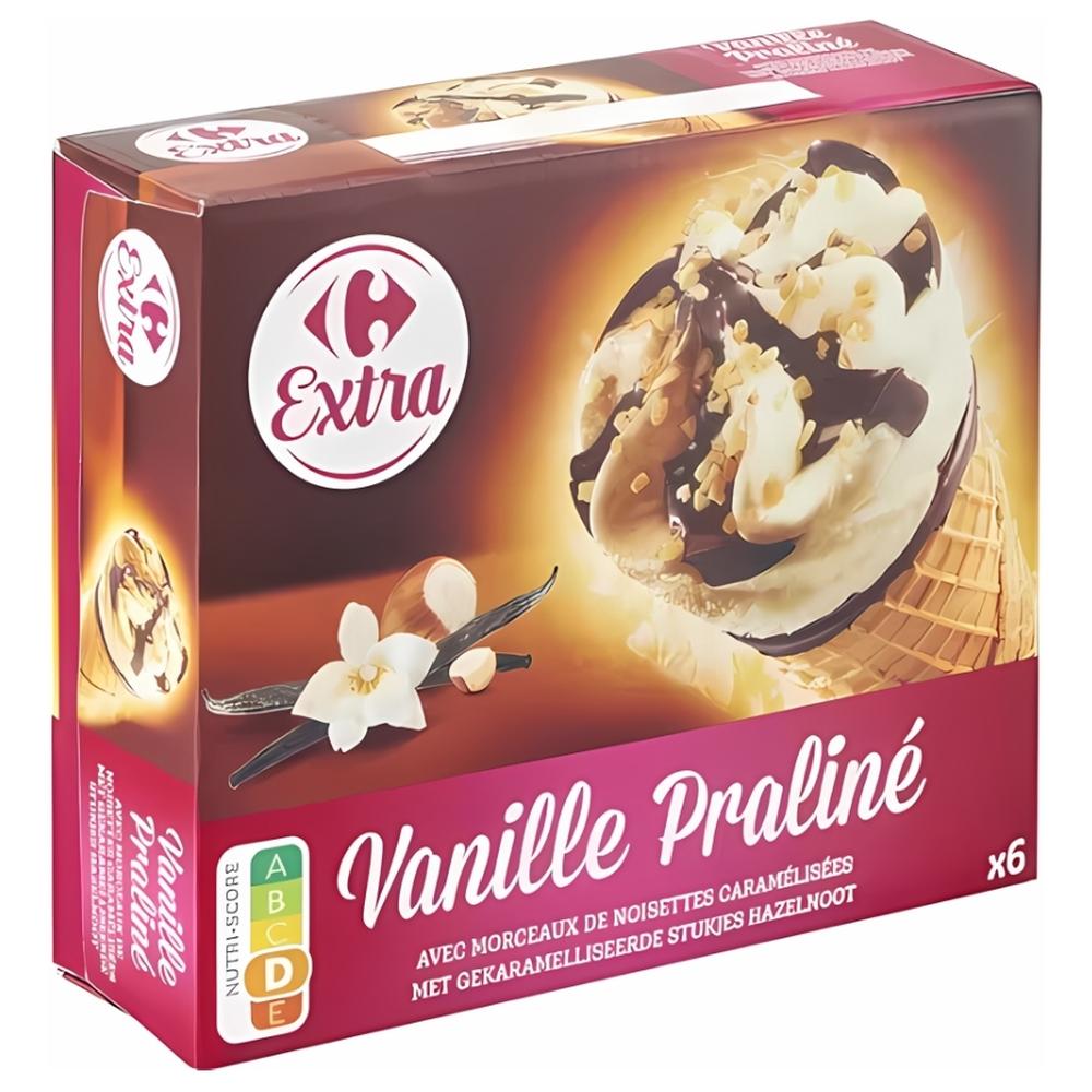 [521982] Cônes Glace Vanille Praliné Carrefour Extra 6 unités 120ml