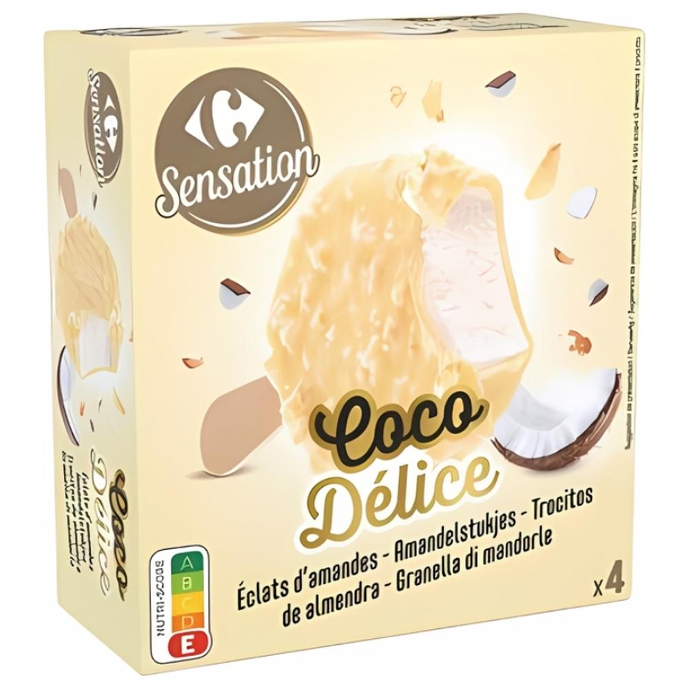 [702593] Bâtonnets Glace Coco Délice Chocolat Blanc Carrefour Sensation 4 unités 202g.