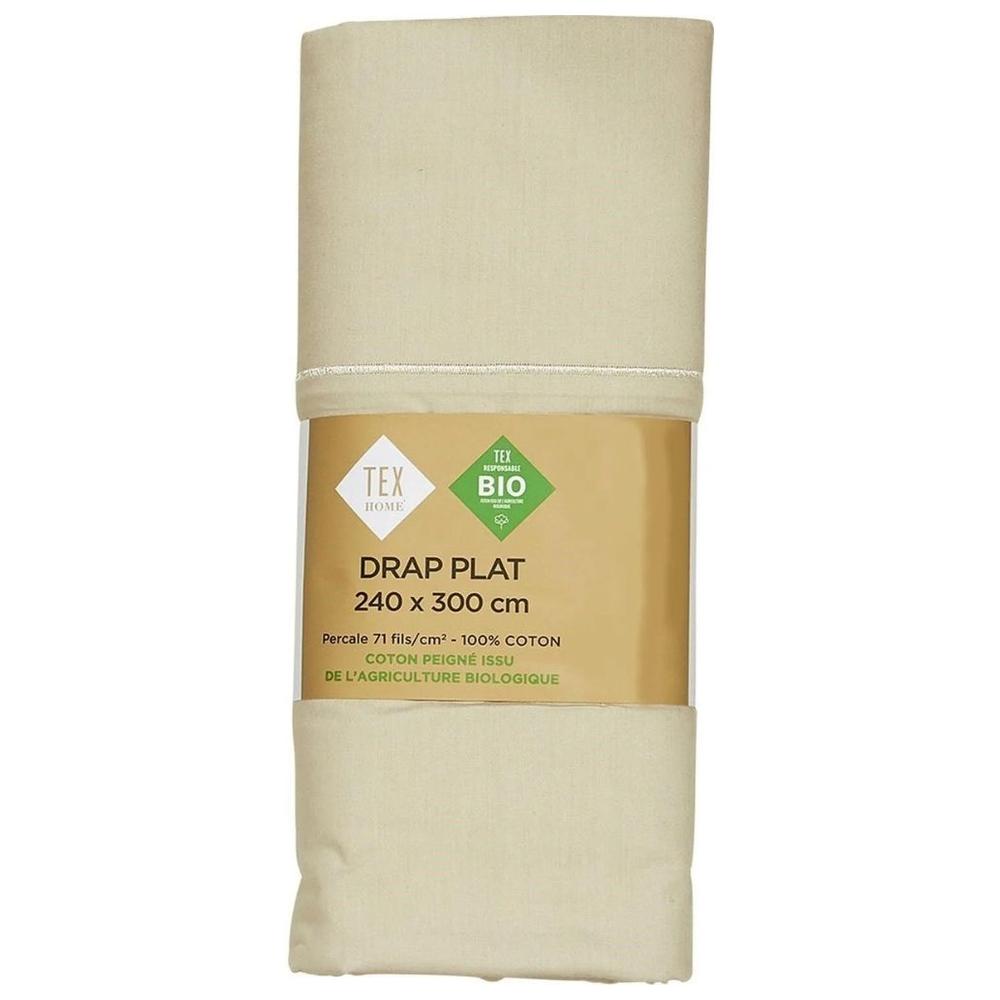 [703326] Drap Plat Beige Clair en Percale de Coton Bio Tex Home 240x300 cm