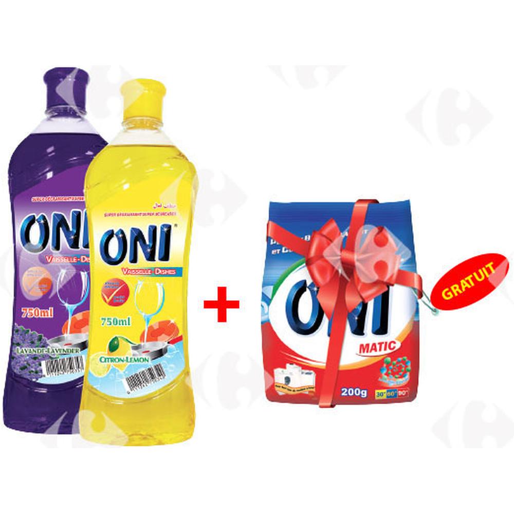 Lot de 2 Liquides Vaisselle Oni 750ml + Lessive Poudre Oni 200g Gratuit